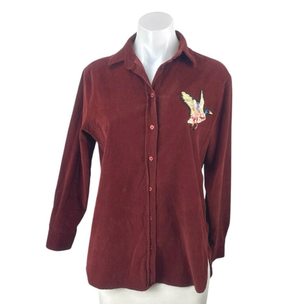 Beymen Club Red Maroon Corduroy Sequin Embroidered Duck Button Up Shirt Size XS